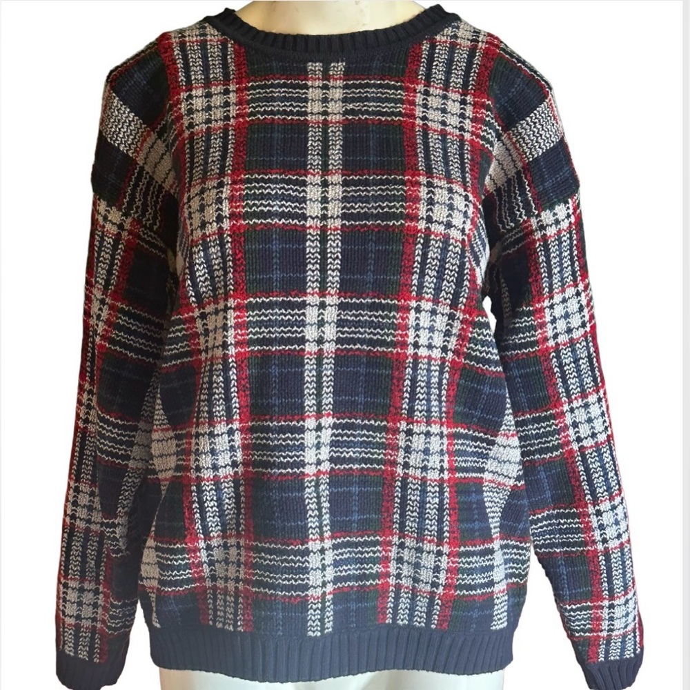 Vintage Northern Reflections Plaid Sweater - Navy, Red, Green and White